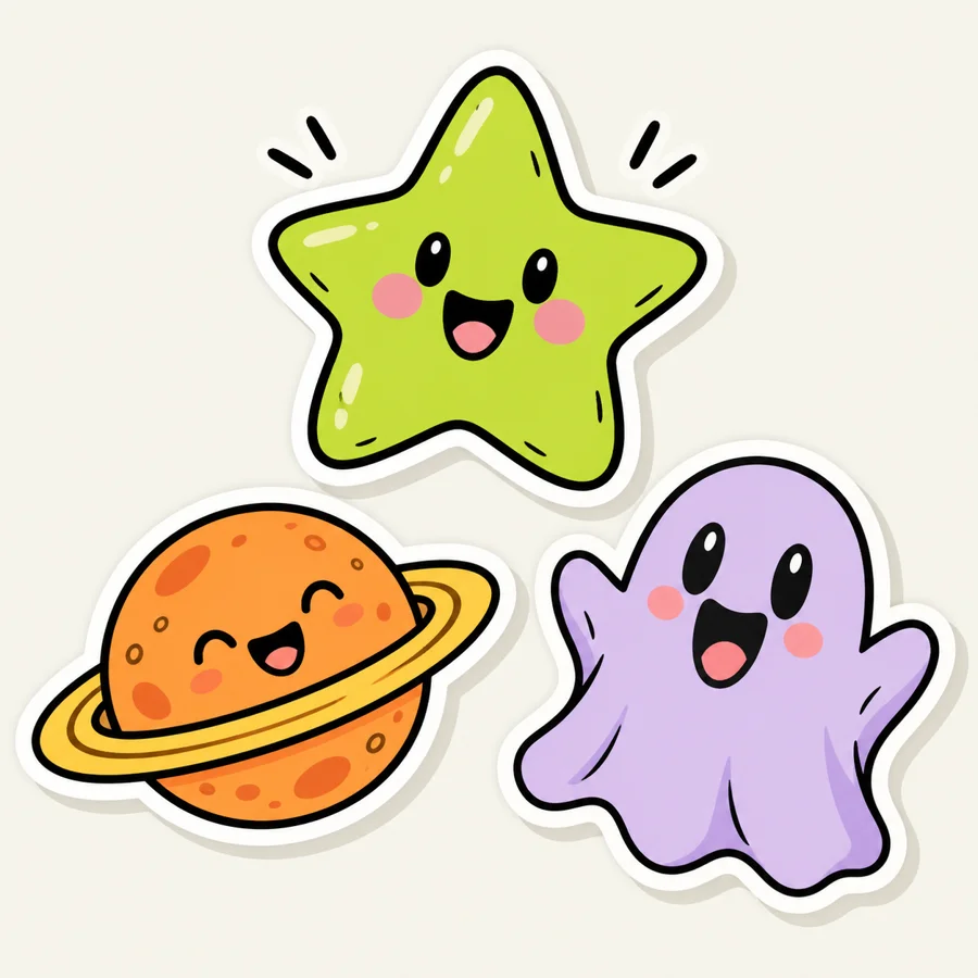 Original stickers of a cheerful green star, a purple ghost, and an orange ringed planet